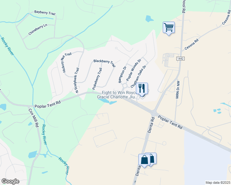 map of restaurants, bars, coffee shops, grocery stores, and more near 8571 Forest Point Road Northwest in Concord
