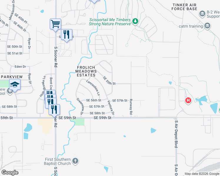 map of restaurants, bars, coffee shops, grocery stores, and more near 6220 Southeast 55th Street in Oklahoma City