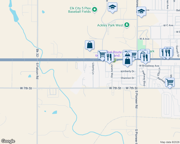 map of restaurants, bars, coffee shops, grocery stores, and more near 3520 West 3rd Street in Elk City