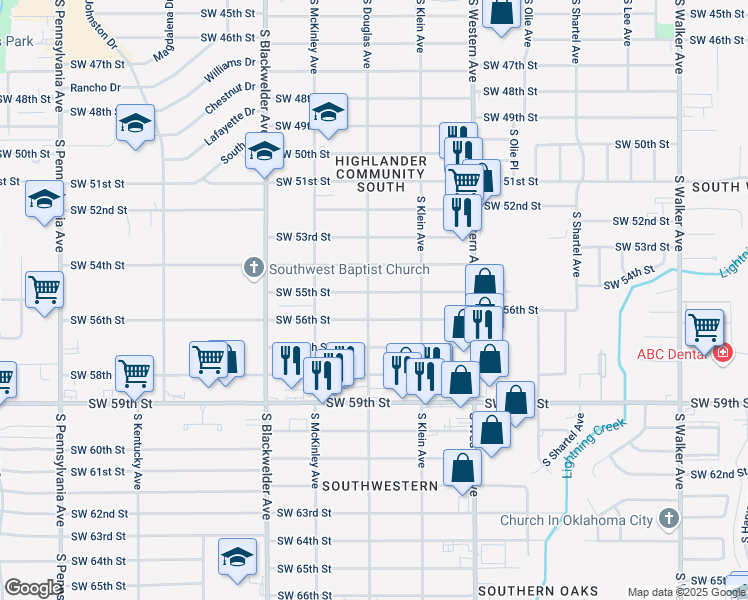 map of restaurants, bars, coffee shops, grocery stores, and more near 5520 South Douglas Avenue in Oklahoma City