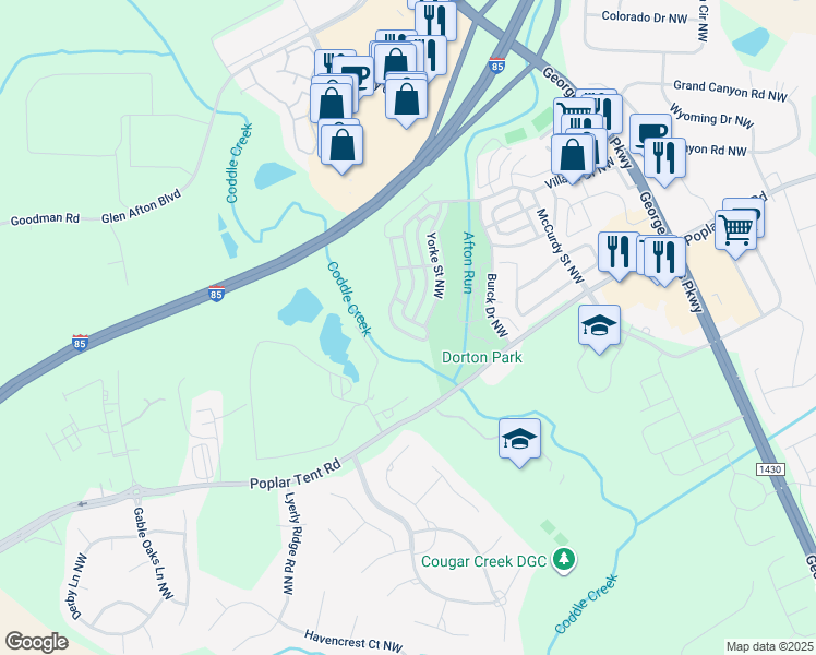 map of restaurants, bars, coffee shops, grocery stores, and more near 6160 Village Drive Northwest in Concord
