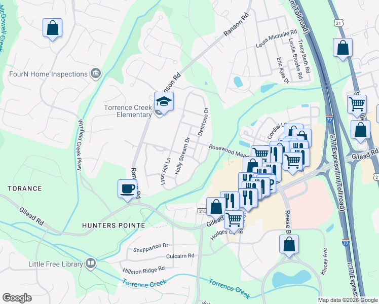 map of restaurants, bars, coffee shops, grocery stores, and more near in Huntersville