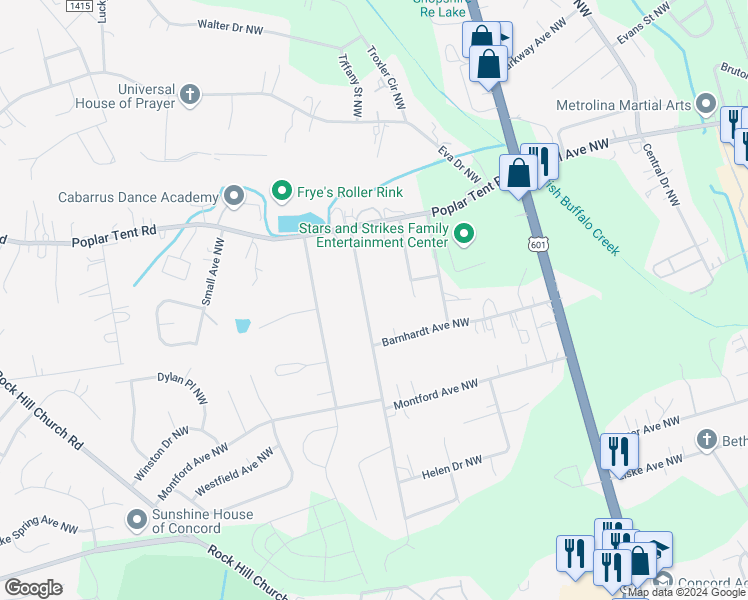map of restaurants, bars, coffee shops, grocery stores, and more near 405 Groff Street Northwest in Concord