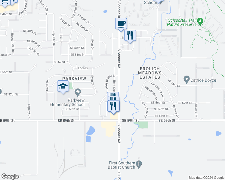 map of restaurants, bars, coffee shops, grocery stores, and more near 5504 Holly Brooke Lane in Oklahoma City