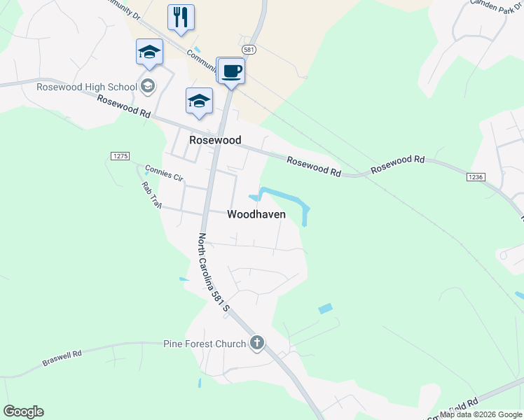 map of restaurants, bars, coffee shops, grocery stores, and more near 207 Woodhaven Drive in Goldsboro