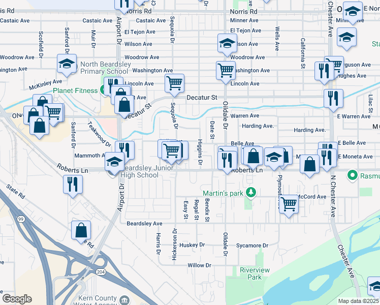 map of restaurants, bars, coffee shops, grocery stores, and more near 610 Roberts Lane in Bakersfield