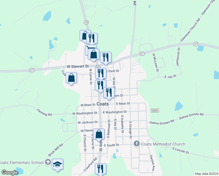 map of restaurants, bars, coffee shops, grocery stores, and more near 79 East Dooley Street in Coats