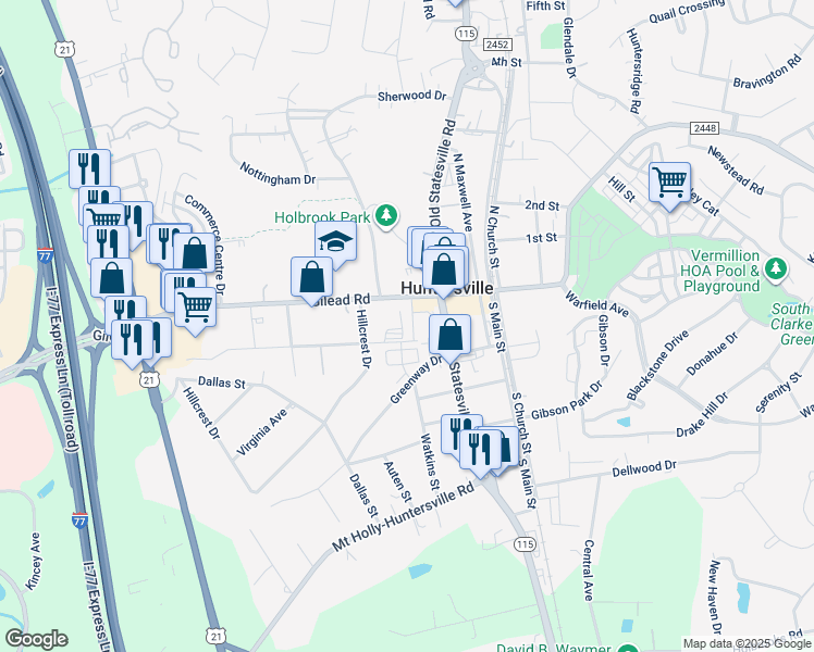 map of restaurants, bars, coffee shops, grocery stores, and more near 245 Beacon Town Drive in Huntersville
