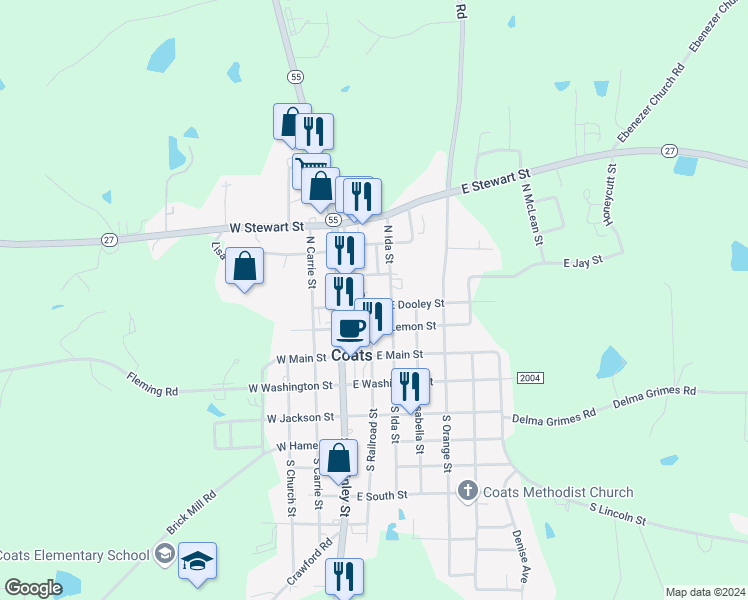 map of restaurants, bars, coffee shops, grocery stores, and more near 79 East Dooley Street in Coats
