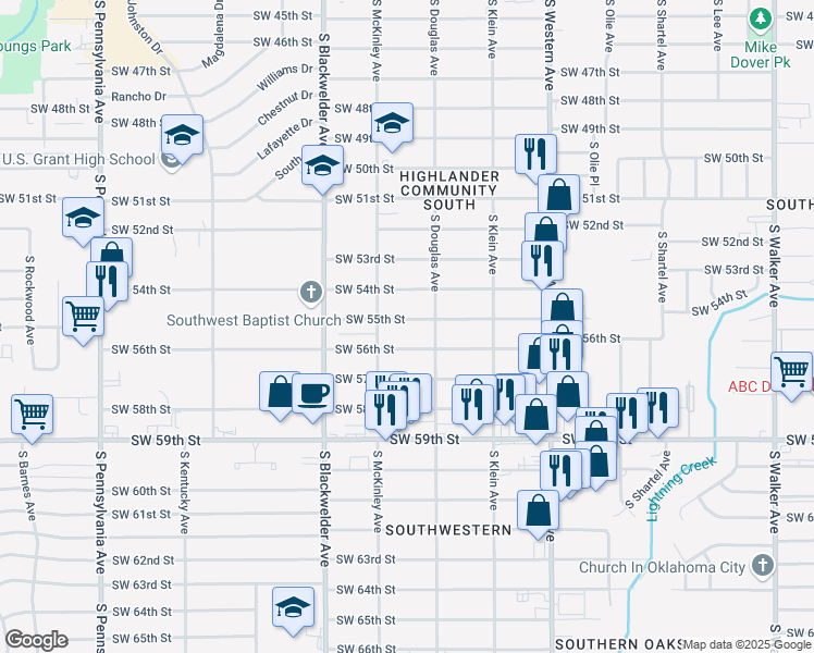 map of restaurants, bars, coffee shops, grocery stores, and more near 1120 Southwest 55th Street in Oklahoma City