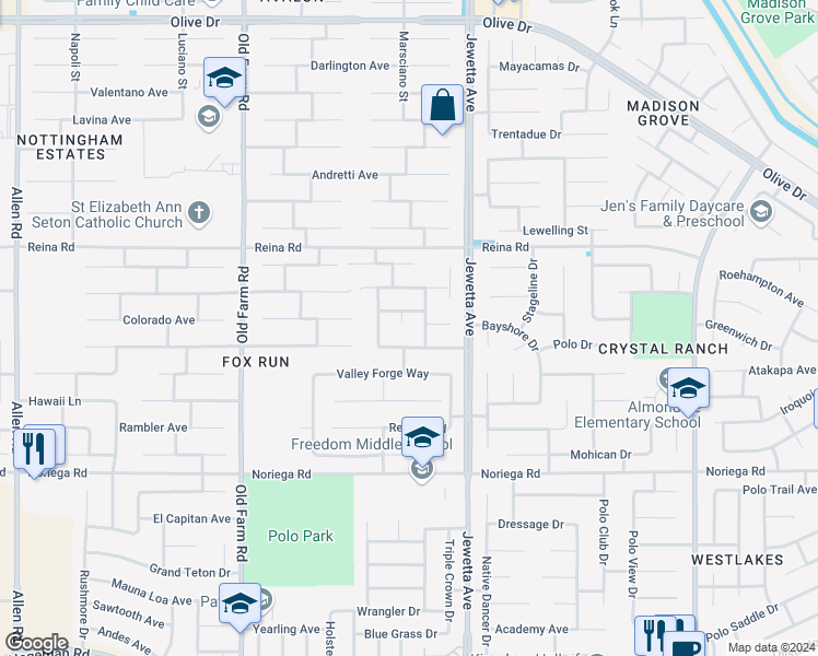 map of restaurants, bars, coffee shops, grocery stores, and more near 5406 Sea Spray Court in Bakersfield