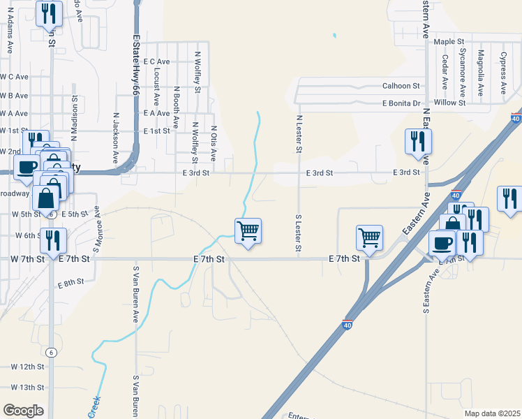 map of restaurants, bars, coffee shops, grocery stores, and more near 1301 East 7th Street in Elk City