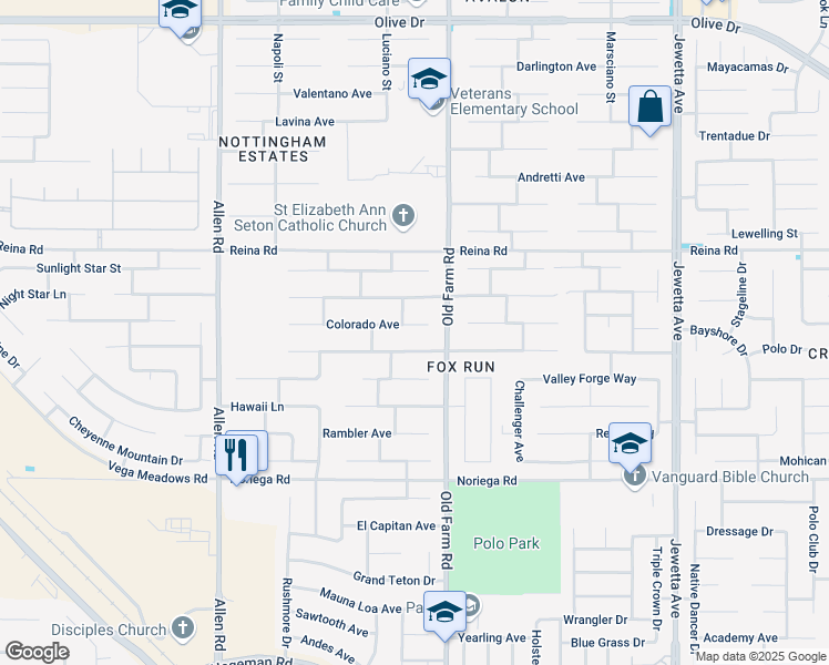 map of restaurants, bars, coffee shops, grocery stores, and more near 12205 Colorado Avenue in Bakersfield