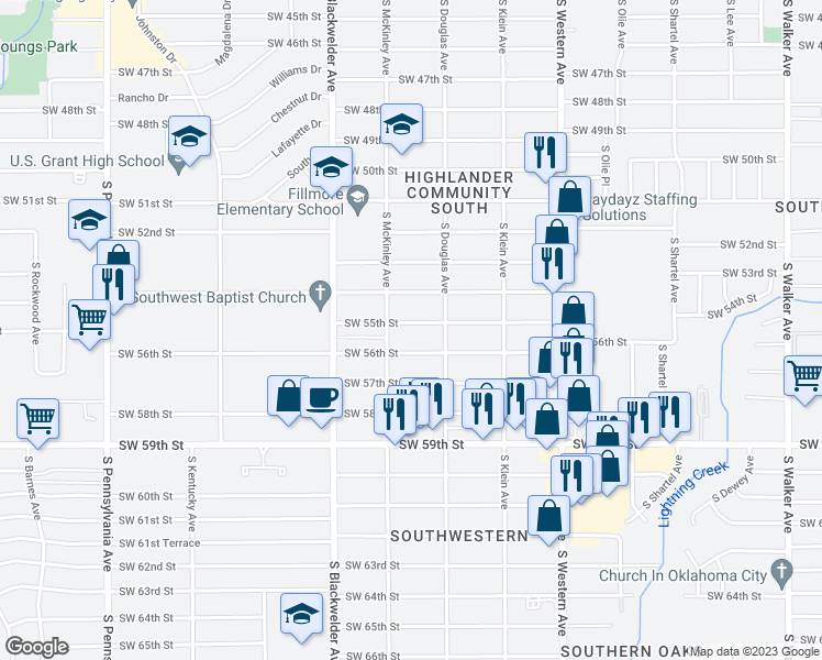 map of restaurants, bars, coffee shops, grocery stores, and more near 1124 Southwest 55th Street in Oklahoma City