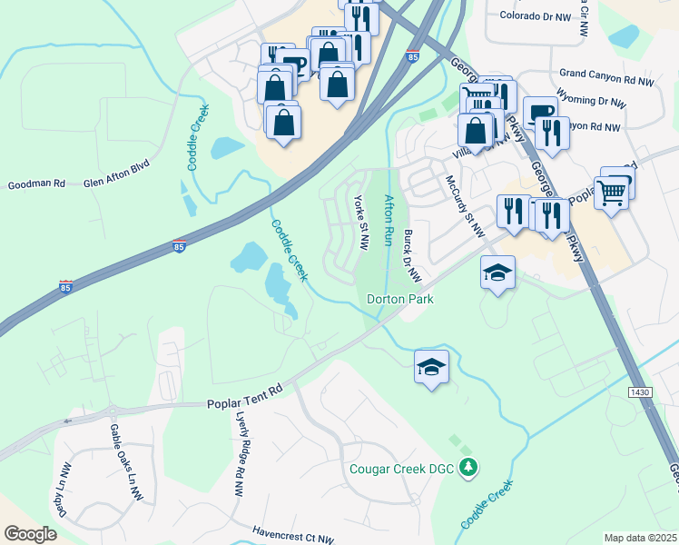 map of restaurants, bars, coffee shops, grocery stores, and more near 6160 Village Drive Northwest in Concord