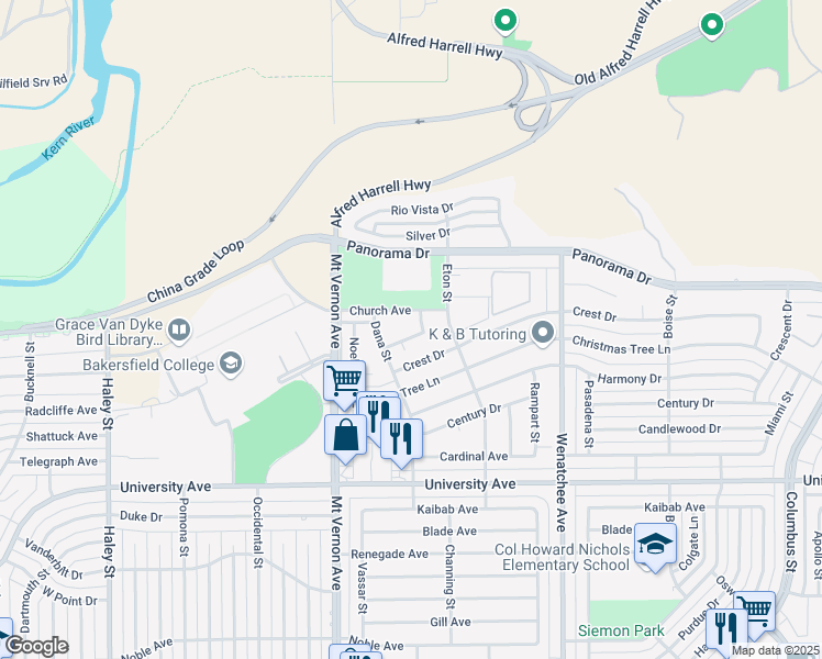 map of restaurants, bars, coffee shops, grocery stores, and more near 2515 Church Avenue in Bakersfield