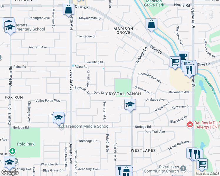 map of restaurants, bars, coffee shops, grocery stores, and more near 10800 Peach Blossom Avenue in Bakersfield