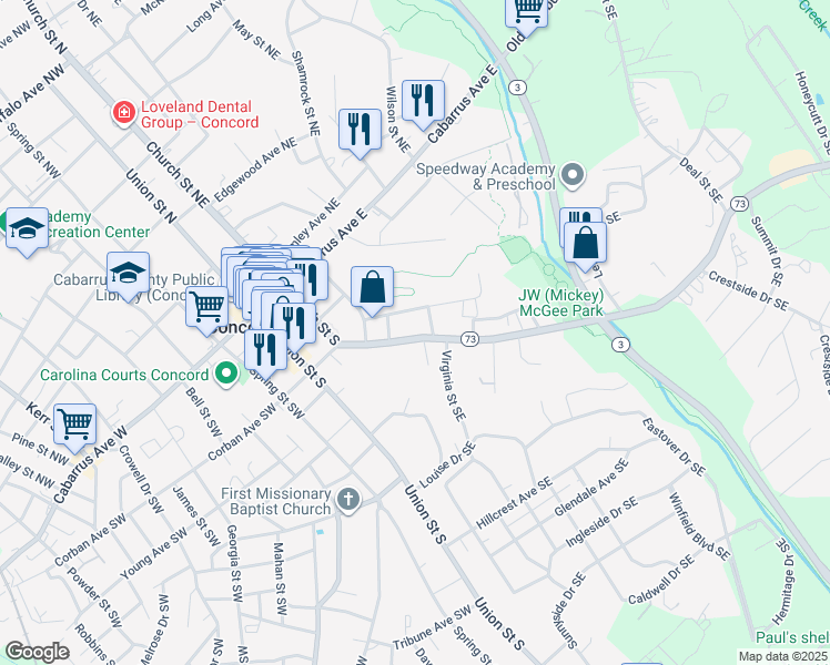 map of restaurants, bars, coffee shops, grocery stores, and more near 100 Wilkinson Court Southeast in Concord