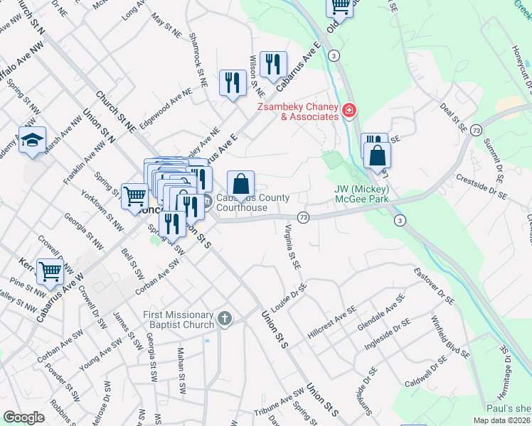 map of restaurants, bars, coffee shops, grocery stores, and more near 100 Wilkinson Court Southeast in Concord