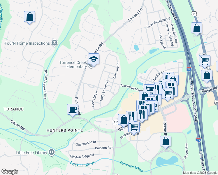 map of restaurants, bars, coffee shops, grocery stores, and more near in Huntersville
