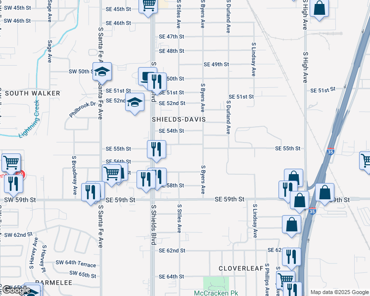 map of restaurants, bars, coffee shops, grocery stores, and more near 323 Southeast 55th Street in Oklahoma City