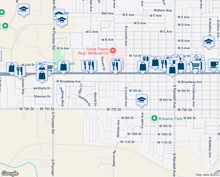 map of restaurants, bars, coffee shops, grocery stores, and more near 104 Brian Road in Elk City