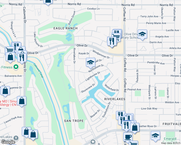 map of restaurants, bars, coffee shops, grocery stores, and more near 5510 Edge Water Court in Bakersfield