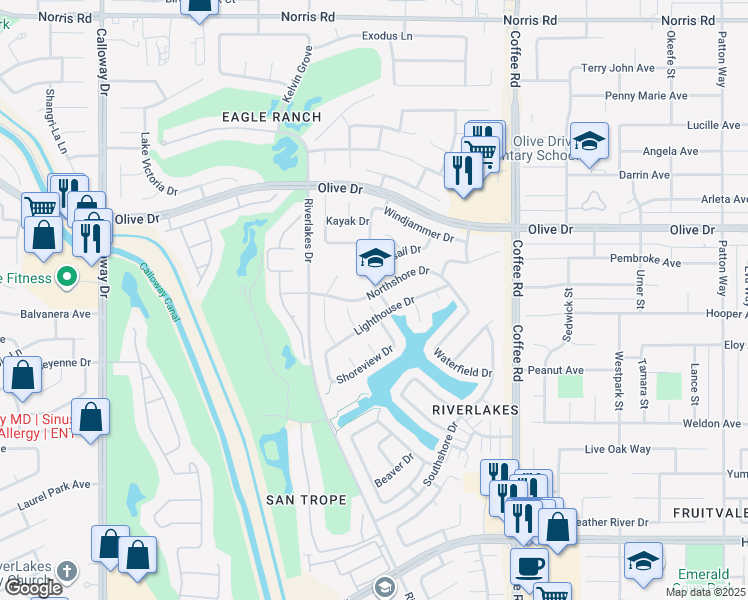 map of restaurants, bars, coffee shops, grocery stores, and more near 5510 Edge Water Court in Bakersfield
