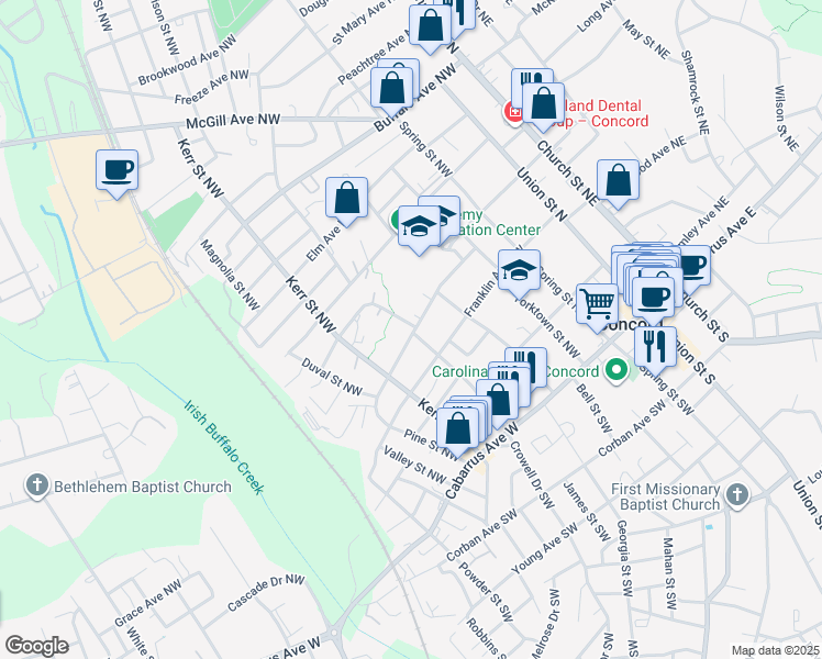 map of restaurants, bars, coffee shops, grocery stores, and more near 182 Cedar Drive Northwest in Concord