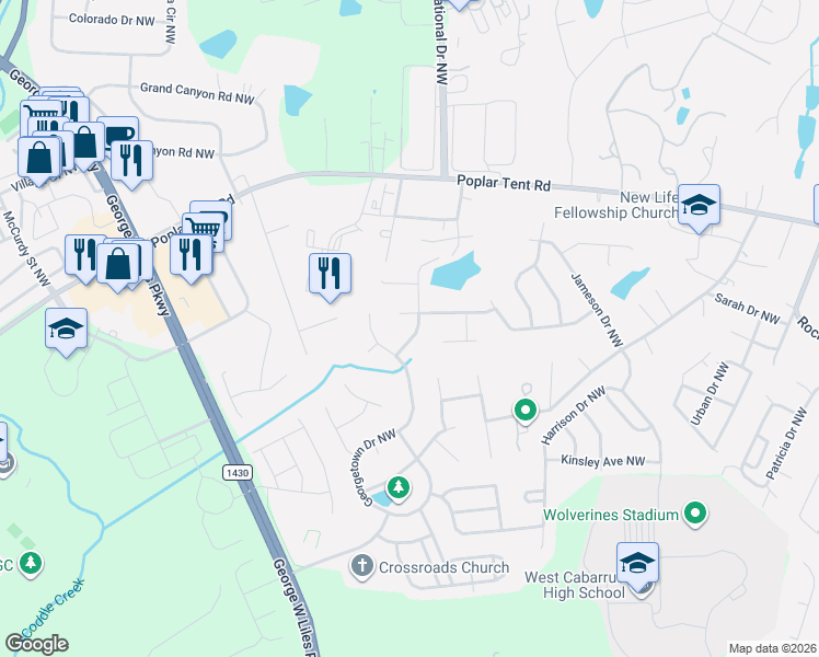 map of restaurants, bars, coffee shops, grocery stores, and more near 678 Summerford Court Northwest in Concord