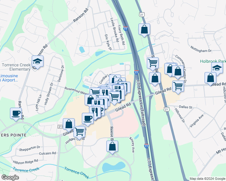 map of restaurants, bars, coffee shops, grocery stores, and more near 10031 Ansonborough Square in Huntersville
