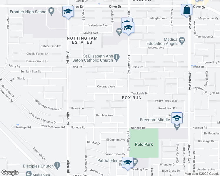 map of restaurants, bars, coffee shops, grocery stores, and more near 12310 Colorado Avenue in Bakersfield