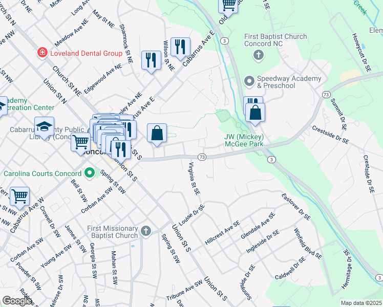 map of restaurants, bars, coffee shops, grocery stores, and more near 121 Corban Avenue Southeast in Concord
