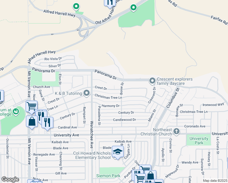 map of restaurants, bars, coffee shops, grocery stores, and more near 3325 Crest Drive in Bakersfield