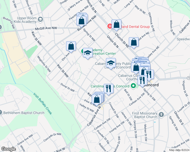 map of restaurants, bars, coffee shops, grocery stores, and more near 154 Franklin Avenue Northwest in Concord