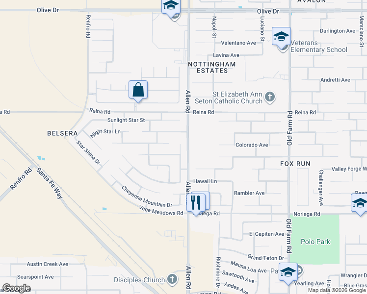 map of restaurants, bars, coffee shops, grocery stores, and more near 5525 Cherry Creek Lane in Bakersfield