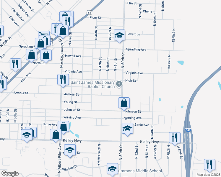 map of restaurants, bars, coffee shops, grocery stores, and more near 3120 Armour Court in Fort Smith