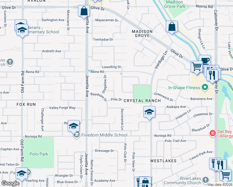 map of restaurants, bars, coffee shops, grocery stores, and more near 5604 Danbury Court in Bakersfield