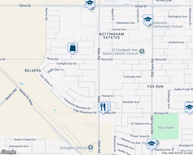 map of restaurants, bars, coffee shops, grocery stores, and more near 5525 Cherry Creek Lane in Bakersfield