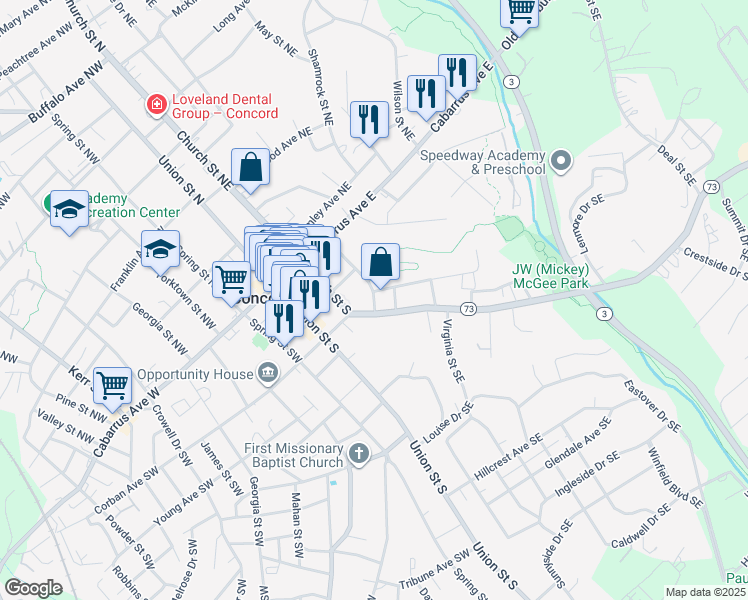 map of restaurants, bars, coffee shops, grocery stores, and more near 77 McCachern Boulevard Southeast in Concord
