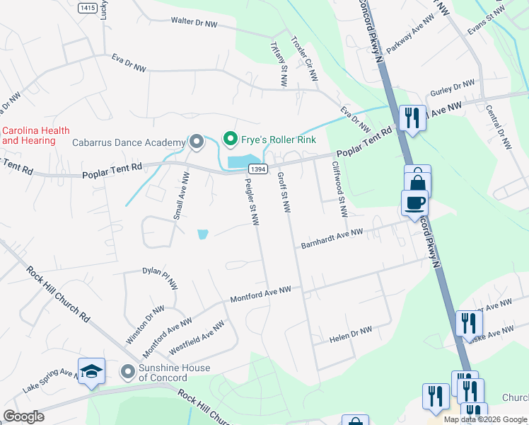 map of restaurants, bars, coffee shops, grocery stores, and more near 348 Peigler Street Northwest in Concord
