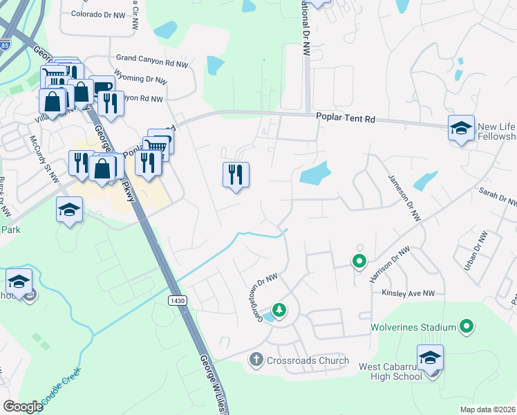 map of restaurants, bars, coffee shops, grocery stores, and more near 4824 Hearthstone Court Northwest in Concord