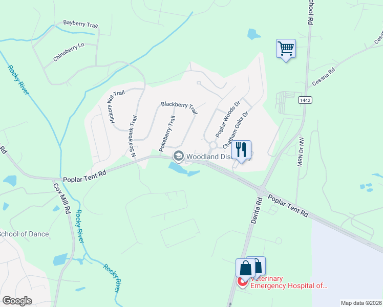 map of restaurants, bars, coffee shops, grocery stores, and more near 214 Blackberry Trail in Concord