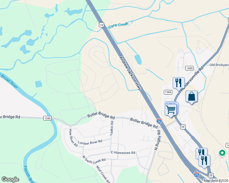map of restaurants, bars, coffee shops, grocery stores, and more near 296 Tap Root Lane in Fletcher