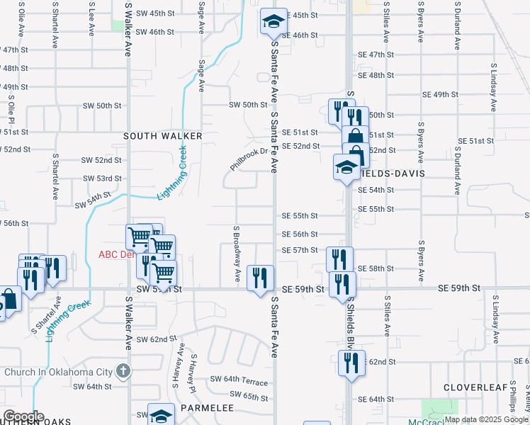 map of restaurants, bars, coffee shops, grocery stores, and more near 17 Southwest 55th Street in Oklahoma City