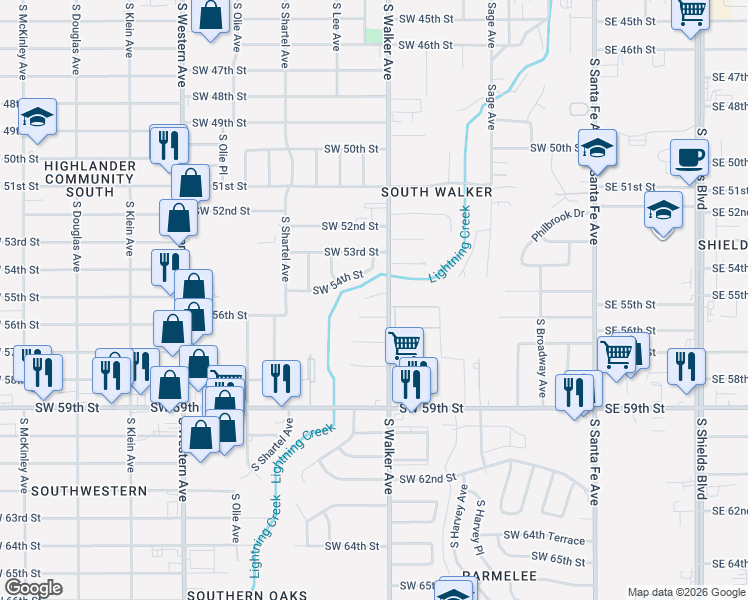 map of restaurants, bars, coffee shops, grocery stores, and more near 520 Southwest 54th Street in Oklahoma City