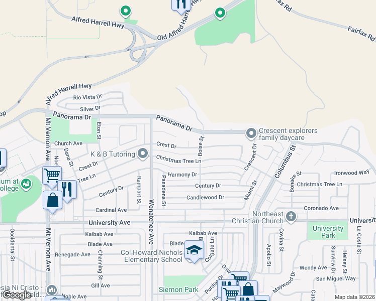 map of restaurants, bars, coffee shops, grocery stores, and more near 3325 Crest Drive in Bakersfield