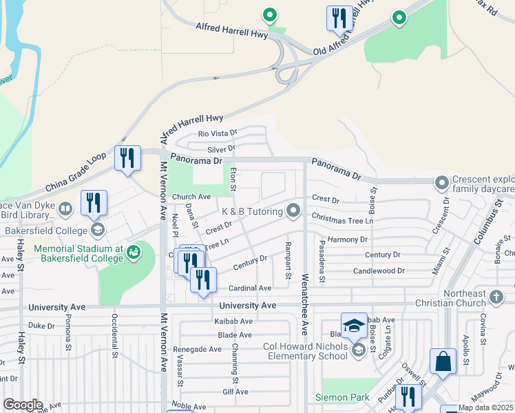 map of restaurants, bars, coffee shops, grocery stores, and more near 2811 Summit Circle in Bakersfield