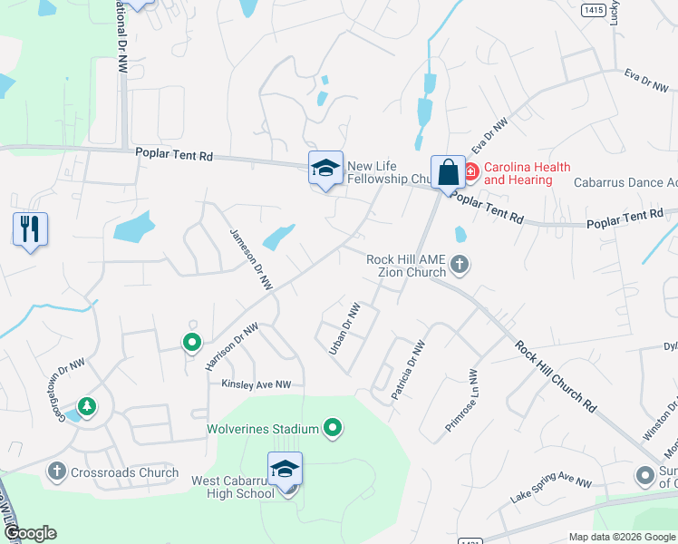 map of restaurants, bars, coffee shops, grocery stores, and more near 423 Old Speedway Drive Northwest in Concord