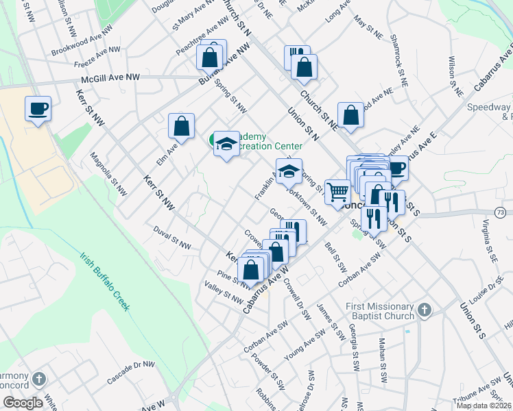 map of restaurants, bars, coffee shops, grocery stores, and more near 146 Franklin Avenue Northwest in Concord